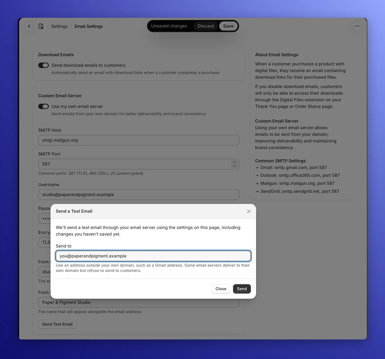 The Custom Email Server section with the Send a Test Email window open