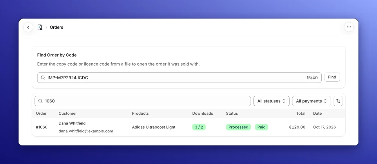 Find Order by Code on the Orders page