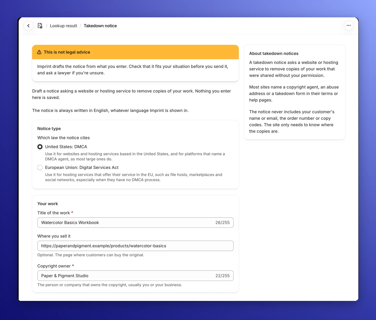 The takedown notice form with the Notice type and Your work sections
