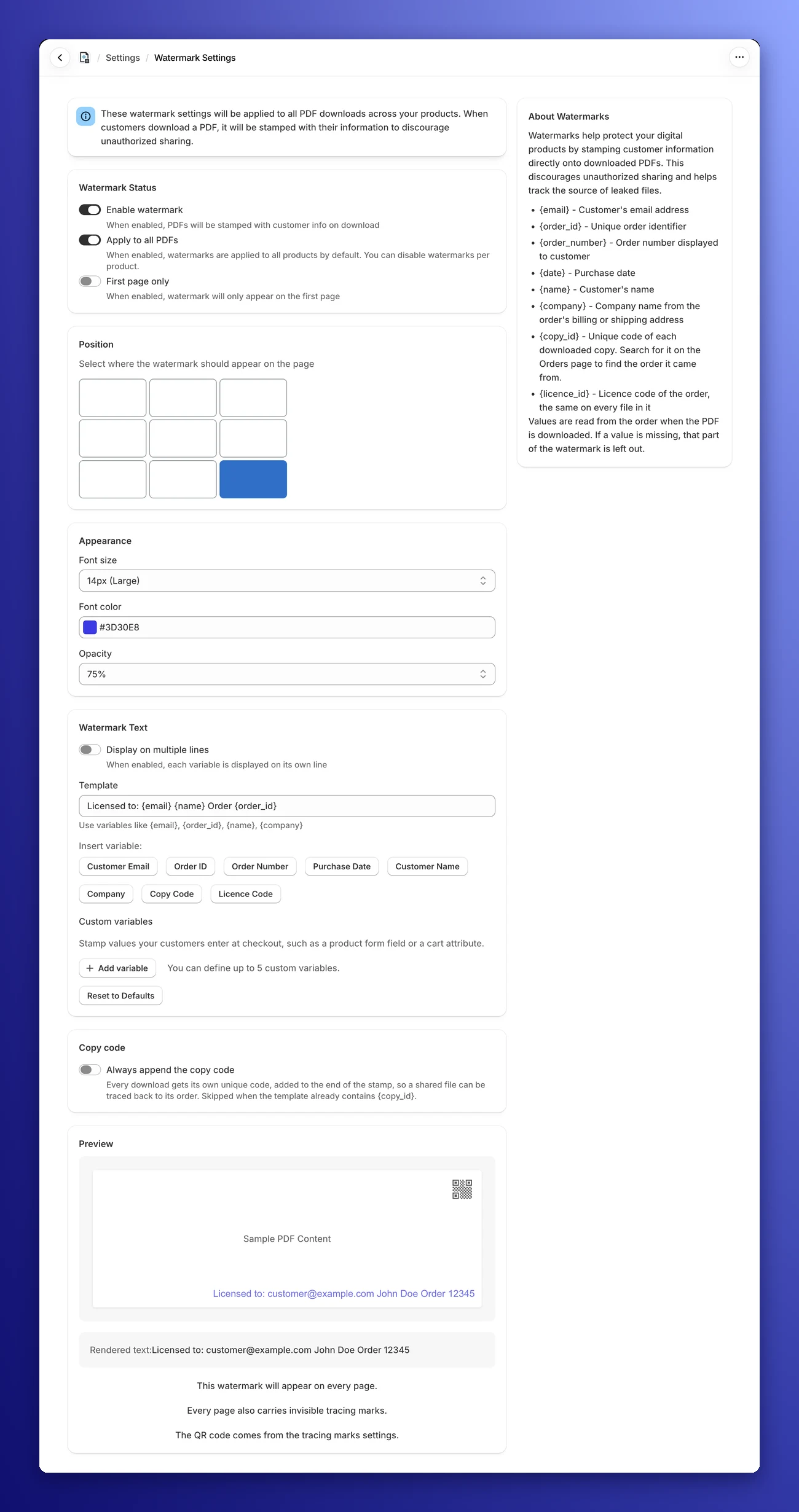 Watermark settings